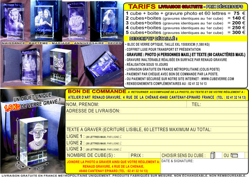 bon de commande cube en verre personnalisé par photo gravure inaltérable (Non laser 3D)